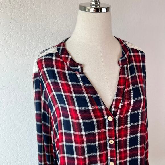 Vintage 90s Y2K Womens Button Up Tunic Top Plaid Lace Long Sleeve Western 2X - Picture 9 of 10